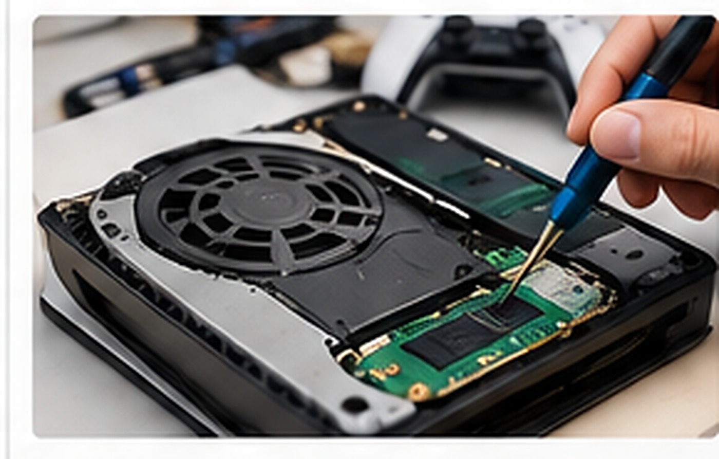 Technician repairing an open gaming console in Houston Heights