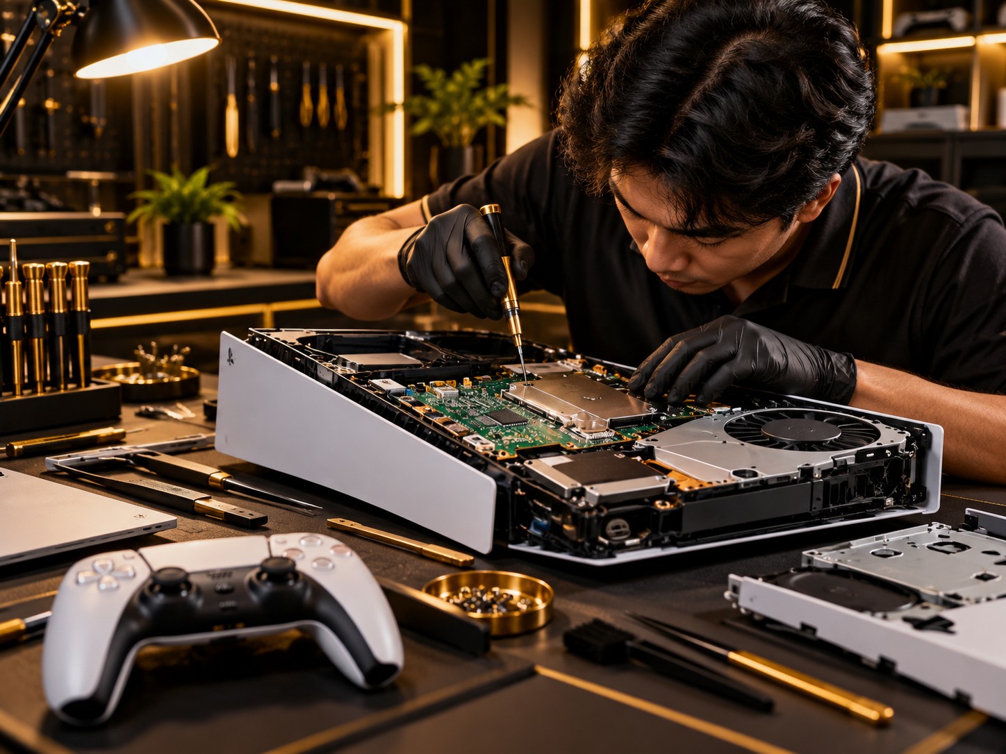 PlayStation 5 repair technician working on an opened PS5 console at ZOMI Wireless in Houston Heights