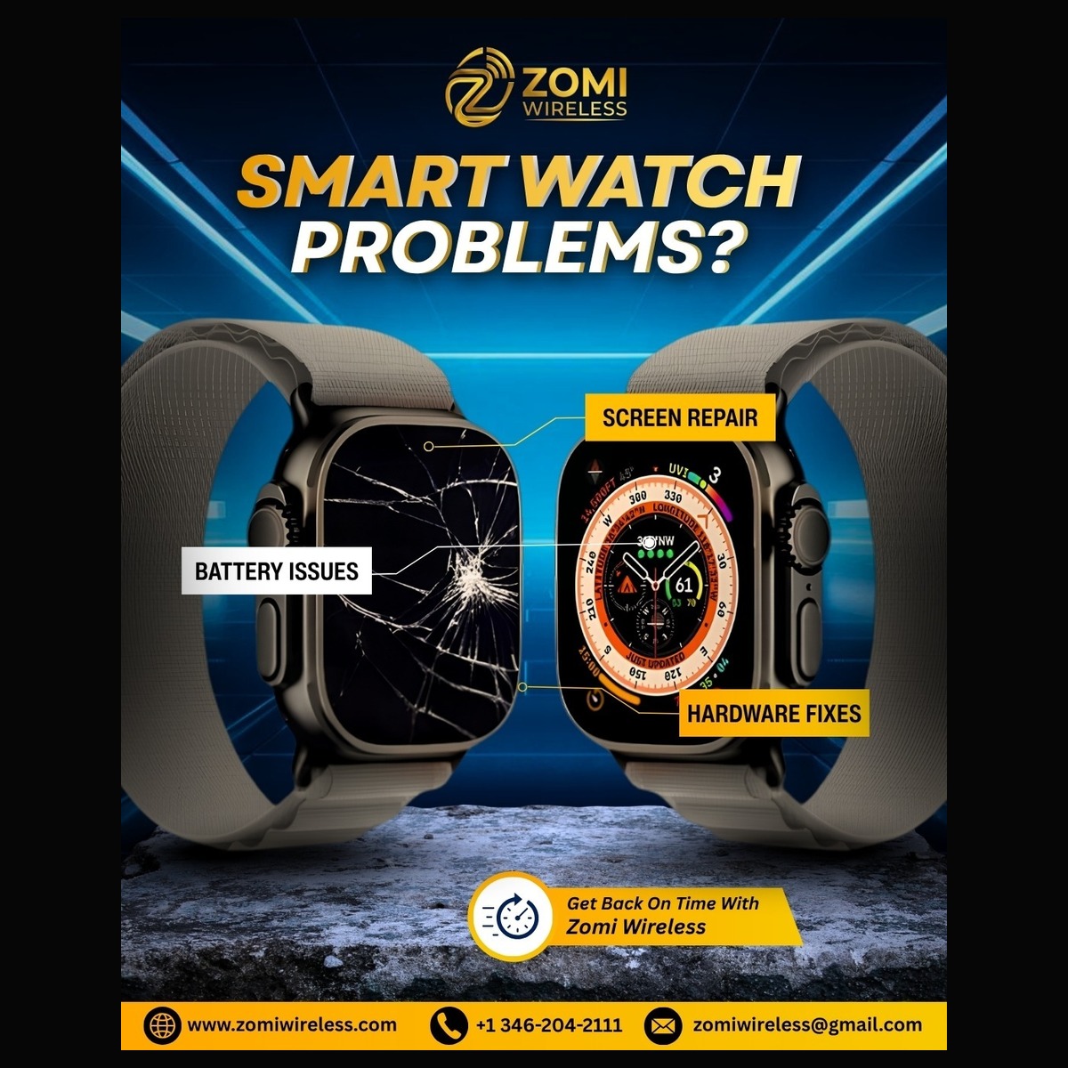 Broken and repaired smartwatch comparison for smartwatch repair in Houston Heights